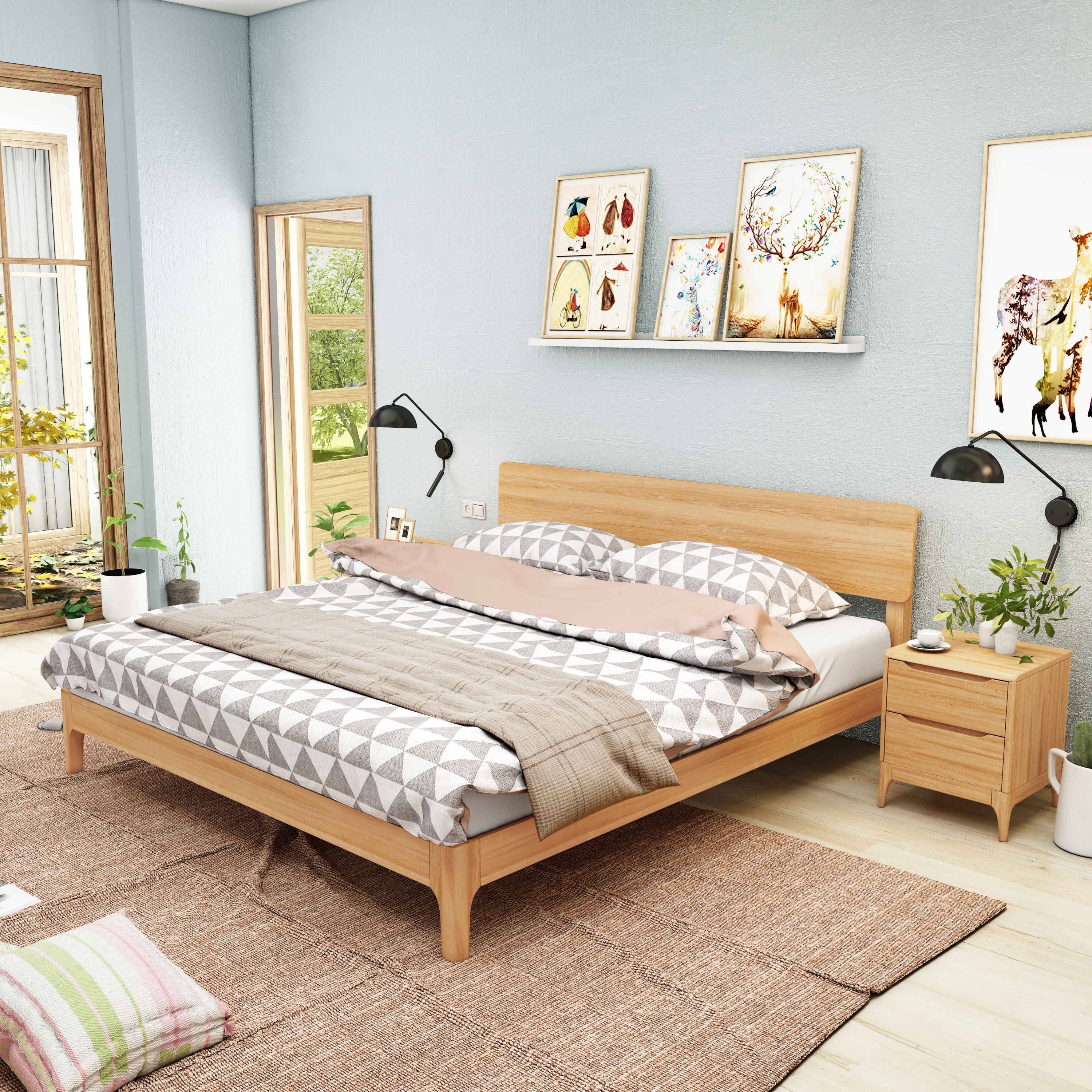 《臥室晨光》 北歐風實木床的3D設計美學與臥室空間重構